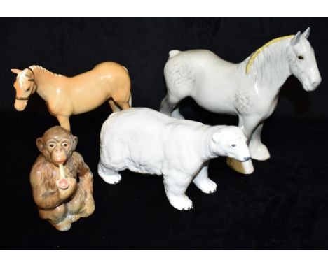 FOUR BESWICK FIGURES:  two horses, a Polar bear and a seated monkey smoking a pipe model 1049 Condition Report : all in good 