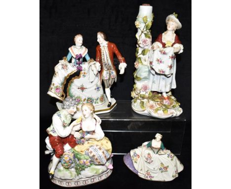 FOUR CONTINENTAL HARD PASTE PORCELAIN GROUPS  the largest a Sitzendorf figural lamp base 23.5cm high Condition Report : Sitze