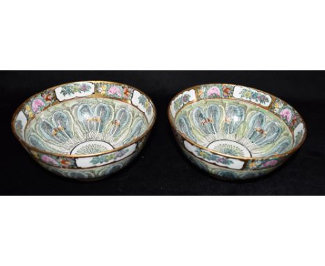 A PAIR OF CHINESE 'CABBAGE LEAF AND BUTTERFLY' BOWLS probably Republic period, seal type marks to base, 20cm diameter Conditi