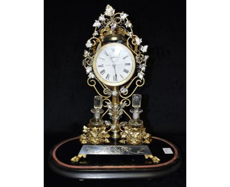 A 19TH CENTURY AMERICAN ANSONIA MANTLE CLOCK  under glass dome, the dial with subsidiary alarm dial and Roman numerals, the o