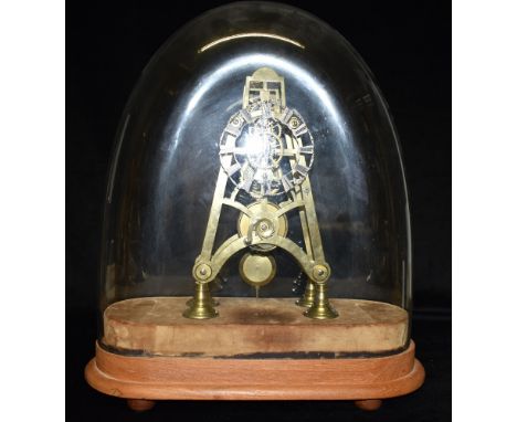 A SINGLE FUSEE BRASS SKELETON CLOCK unsigned, on velvet and wooden base with glass dome, 46cm high overall Condition Report :