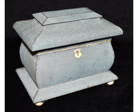 A SHAGREEN TEA CADDY OF SARCOPHAGUS FORM  with bone mounts and esctucheon, twin compartment to interior, 19.5cm wide Conditio