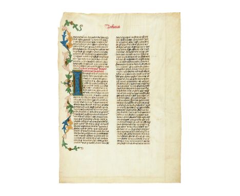 Ɵ Leaf from a large Bohemian Bible, with Zechariah 1:1-4:3 with end of the prologue of St. Jerome, in Latin, illuminated manu