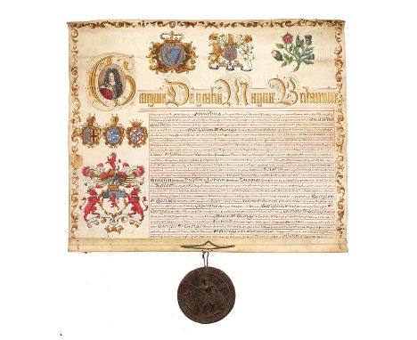 George I, king of England, Royal Letters Patent under the Great Seal for a grant of arms to George St. George, Conferring on 