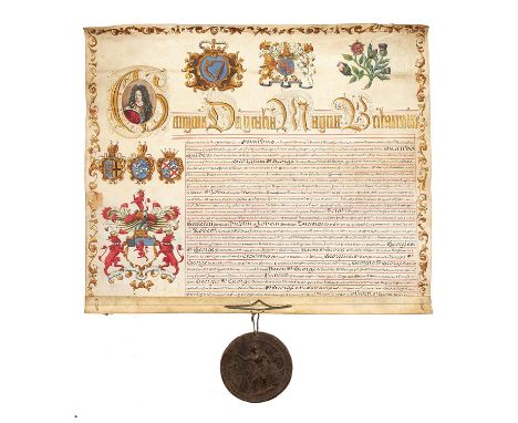 George I, king of England, Royal Letters Patent under the Great Seal for a grant of arms to George St. George, Conferring on 