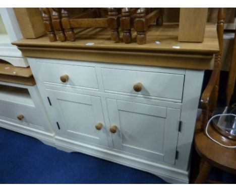 A MODERN PAINTED SIDE CUPBOARD, with a light oak top and two drawers