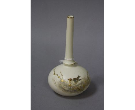 A ROYAL CHINA WORKS WORCESTER BUD VASE, decorated with bird and foliage, height approximately 15.5cm
