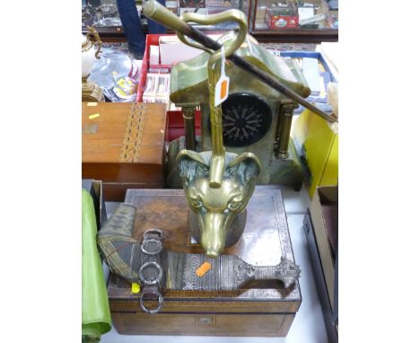 A BRASS 'FOX HEAD/CROP' DOORSTOP, a writing slope, Asian dagger and swagger stick (4)