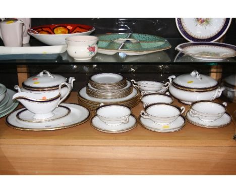 SPODE CHINA DINNERWARES, white with blue and gilt trim/band, to include boat/stand, six dinner plates, six dessert plates, si