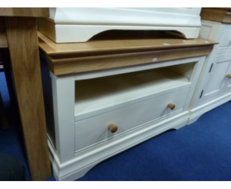 A PAINTED TV STAND, with light oak top and single drawer