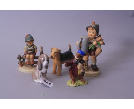 FIVE ORNAMENTAL FIGURES, to include Lladro seated dog, Royal Doulton Bunnykins 'The Artist', Beswick 'Lakeland Terrier', No.2