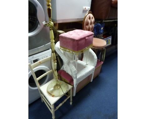 A WICKER BEDROOM CHAIR, linen basket, two various chairs, sewing box and a standard lamp (6)