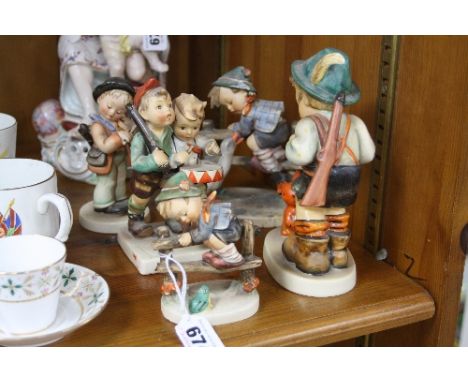 FIVE HUMMEL/GOEBEL FIGURES, to include 'Retreat to Safety' HUM201, 'Sensitive Hunter' HUM6, 'Volunteers' HUM50/0 etc (all wit