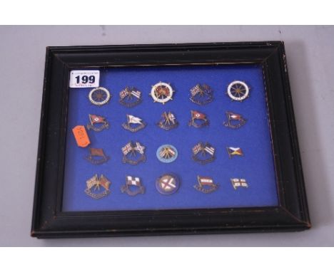 A FRAMED SELECTION OF TWENTY ENAMEL SHIP BADGES, inc R.M.S. Armadale Castle, M.S. Dunera, R.M.S. Alsatian R.M.S. Edinburgh Ca