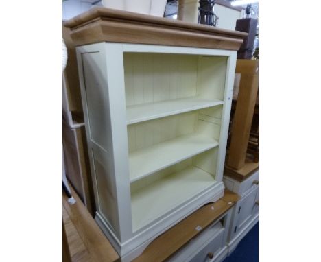 A MODERN PAINTED BOOKCASE, with light oak top