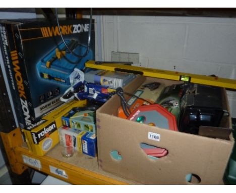 A BOX AND LOOSE OF MISCELLANEOUS TOOLS, including an angle grinder, sander, electric tile saw, etc