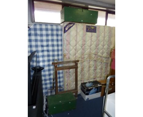 TWO VARIOUS PAINTED TOOL CHESTS, two hay rakes, etc (5)