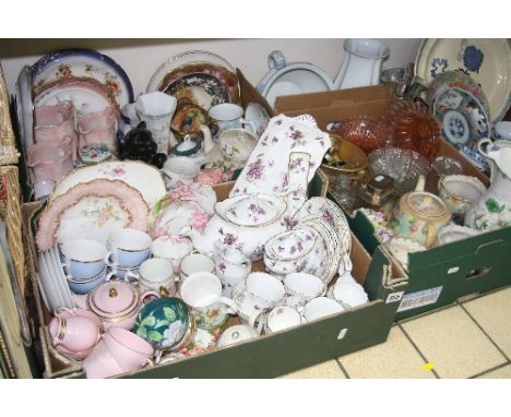 THREE BOXES AND LOOSE CERAMICS, GLASS, METALWARE, etc, to include Hammersley 'Victorian Violets' Wedgwood 'Alpine Pink' tea f