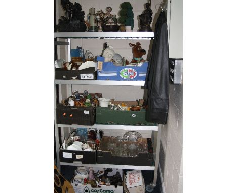 SEVEN BOXES AND LOOSE CERAMICS, GLASS, CHESS SET, JACKET, TABLE LAMP, WATER FEATURE, etc