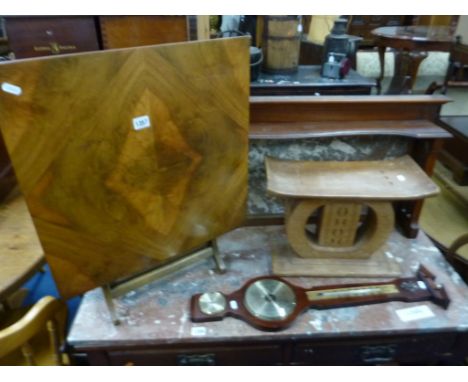 A SMALL WALNUT FOLDING TABLE, 'Meredew' label attached, barometer, etc (3)