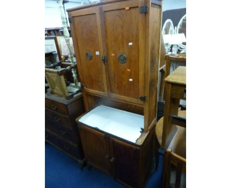 AN OAK KITCHEN CABINET, with enamel top, savework label attached