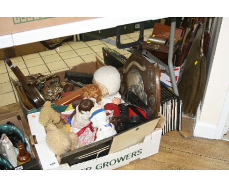 TWO BOXES AND LOOSE SUNDRY ITEMS, to include dolls, metalware, books, pictures (Albert Pile, watercolour), clocks, barometer,