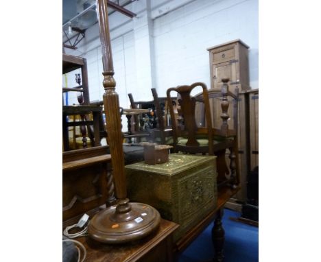 A STANDARD LAMP (no shade), a modern cuckoo clock and a brass chest (3)