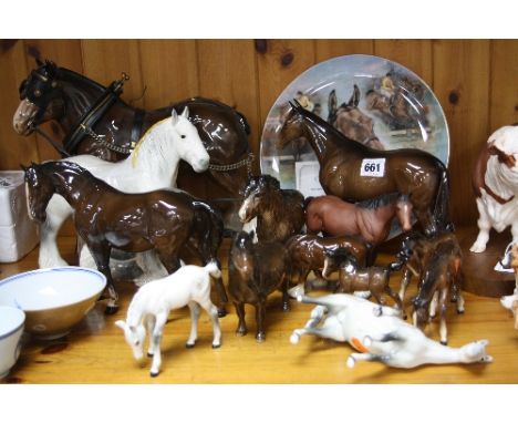 A GROUP OF HORSE FIGURES, to include Beswick Shire Mare, No.818 (leg broken off), grey, two Foals grazing No.946, 1st version