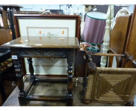 A CARVED OAK JOINT STOOL, firescreen, onyx standard lamps and a stool (4)