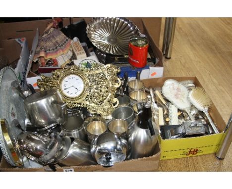 THREE BOXES OF SILVER PLATE, cased and loose cutlery and flatware etc, to include Ronson Touch Tip Art Deco desk lighter