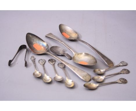 A PAIR OF GEORGE III SILVER OLD ENGLISH PATTERN TABLESPOONS, maker PB, London 1807, together with another similar tablespoon,