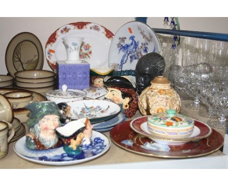 A QUANTITY OF CERAMICS, including character jugs, Charlotte Rhead bowl and cover, Austrian enamel dish etc