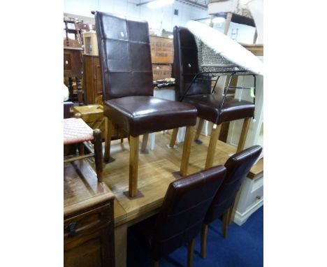 A MODERN LIGHT OAK DRAW LEAF DINING TABLE, approximate size extended length 220cm, width 80cm x height 79cm and six chairs (7