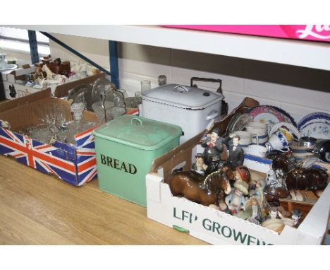 TWO ENAMEL BREAD BINS AND FOUR BOXES OF CERAMICS, including a Beswick Shire Horse, assorted glassware, ornaments etc