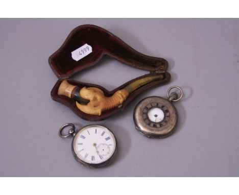 TWO SILVER POCKET WATCHES, and a cased Meerschaum pipe (3)