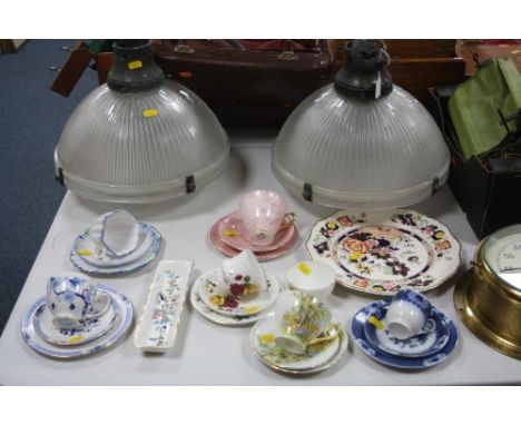 A PAIR OF INDUSTRIAL GLASS PENDANT LIGHT SHADES, height approximately 25cm (not including fixings, diameter approximately 31c