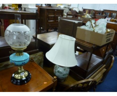 A VICTORIAN OIL LAMP, with funnel and shade, table lamp with shade and a box of various light fittings (3)