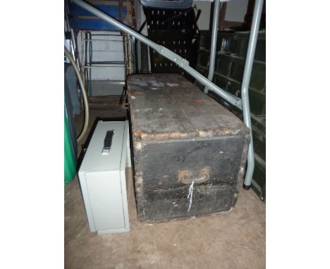 A WOODEN TOOL CRATE WITH CONTENTS, and a metal case with key
