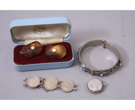 A COLLECTION OF SILVER JEWELLERY, to include a white metal oval hinged bangle, set with turquoise colour stones, stamped ALPA