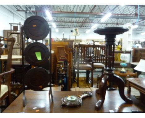 A BAROMETER, a mahogany three tier folding cake stand and a jardiniere stand (3)
