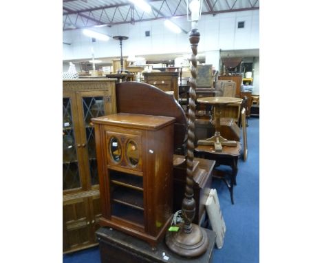 A SMALL EDWARDIAN WALNUT CABINET, with glazed and mirrored single door and a barley twist standard lamp (no shade) (2)