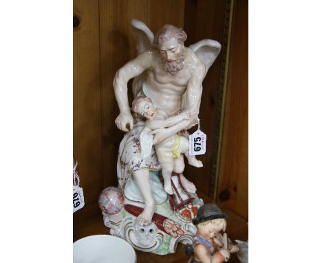 AN EALRY DERBY FIGURE, Mythological figure with cherub surrounded by globe, skull, hourglass, quiver of arrows, crown & sythe