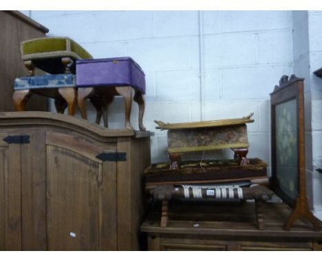 A QUANTITY OF OCCASIONAL FURNITURE, to include a carved hardwood stool,  five various other stools, an oak firescreen and a g