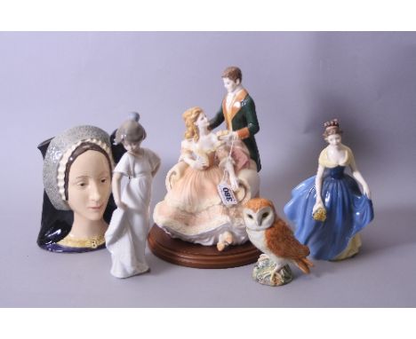 FIVE PIECES OF CERAMICS, to include boxed Limited Edition Royal Worcester 'Age of Romance' 246/500 (with stand), Royal Doulto