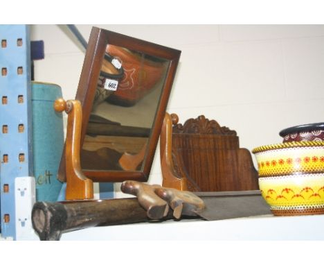 A LATE VICTORIAN TOILET MIRROR, a hand saw, a pick axe and a wooden shelf (4)