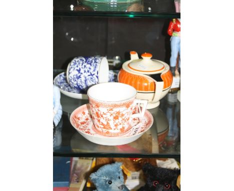 TWO ROYAL CROWN DERBY BREAKFAST CUPS AND SAUCERS, 'Pembroke' and 'Blue Peacock', together with Susie Cooper teapot (spout chi