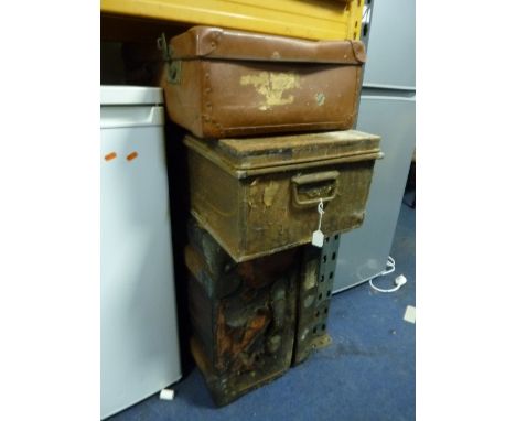 A DISTRESSED LEATHER TRAVELLING TRUNK, tin trunk, etc (3)