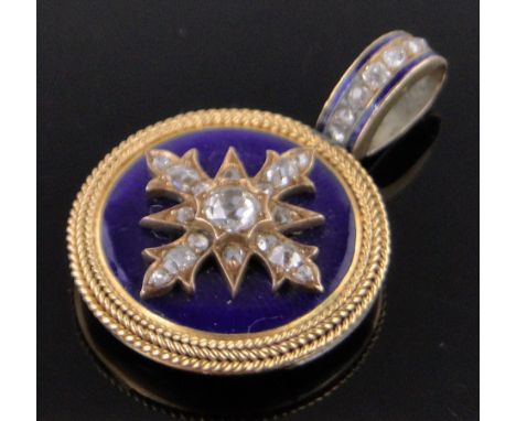 A Victorian unmarked gold diamond and blue enamel pendant,with photo panel on reverse, diameter 22mm, 8g.