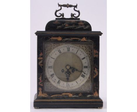 An early 20th century chinoiserie gilded and lacquered mantel clock,brass and silvered dial with 8-day striking movement, hei