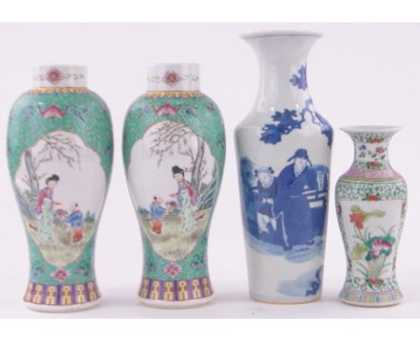 Pair of Chinese porcelain vases with enamel decoration,height 27cm and 2 other Chinese porcelain vases, (4).